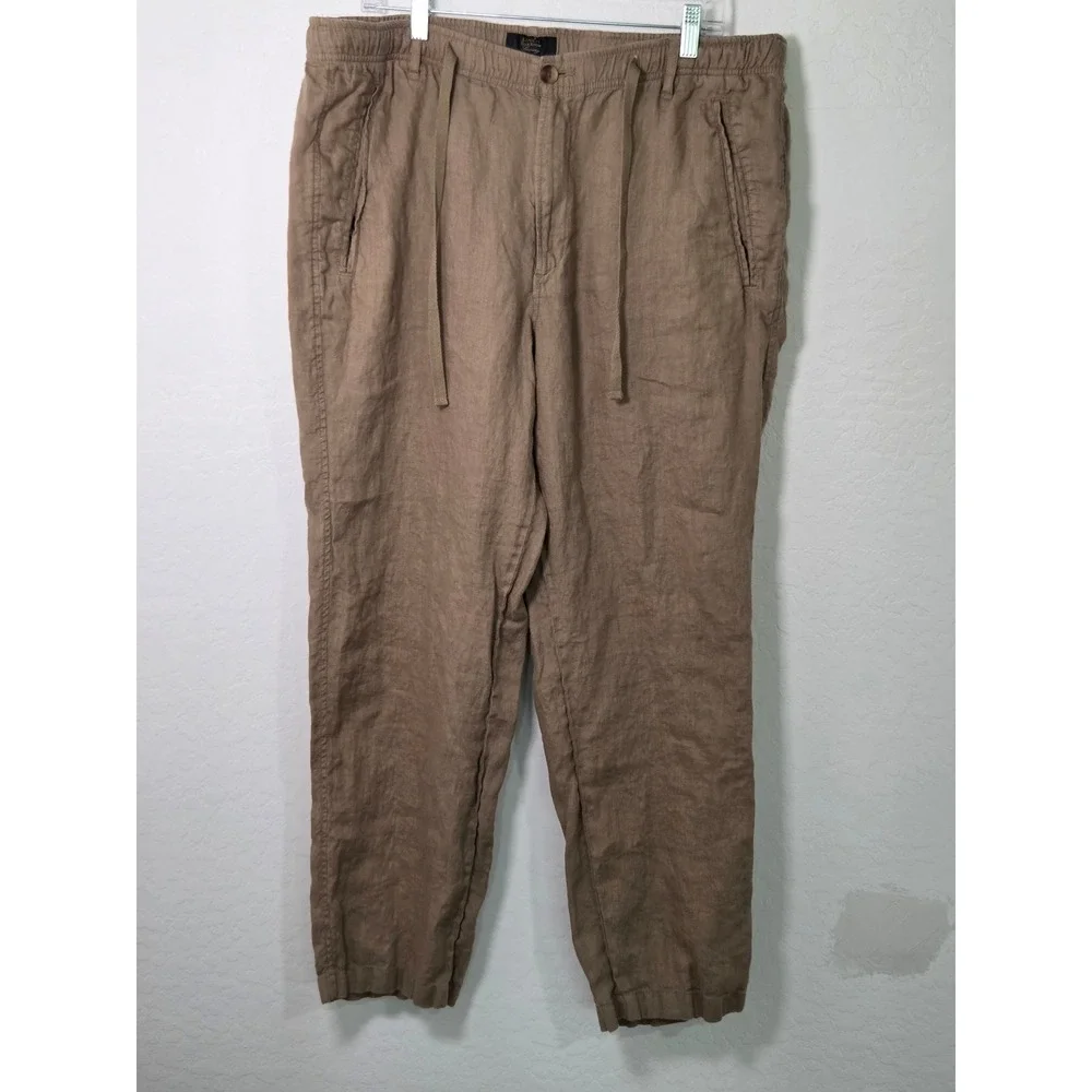 Club Room Luxury Mens XL Brown 100% Linen Drawstring Elastic Waist Pants Tan